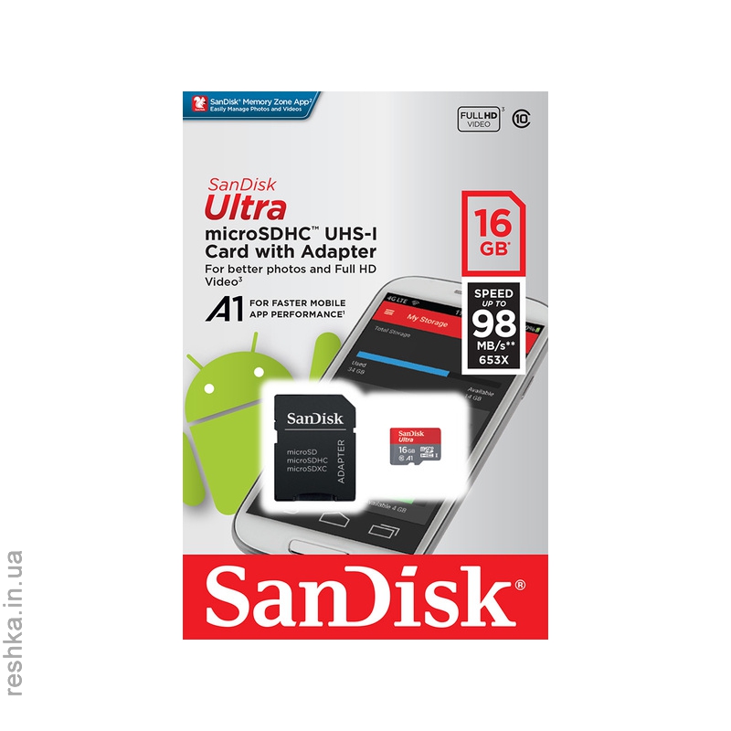 Карта памяти SANDISK microSDHC 16GB Ultra A1 C10 UHS-I 98MB/s+SD