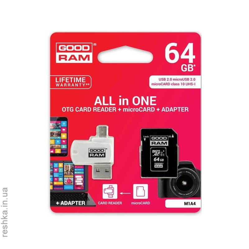 Карта памяти GOODRAM microSDXC 64GB Class 10 UHS I All in One + reader